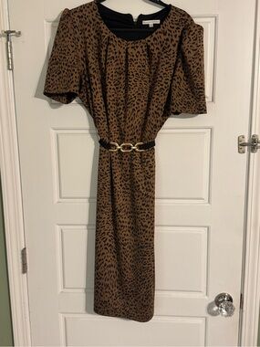 Sandra Darren Brown Leopard-Print Belted Midi Dress